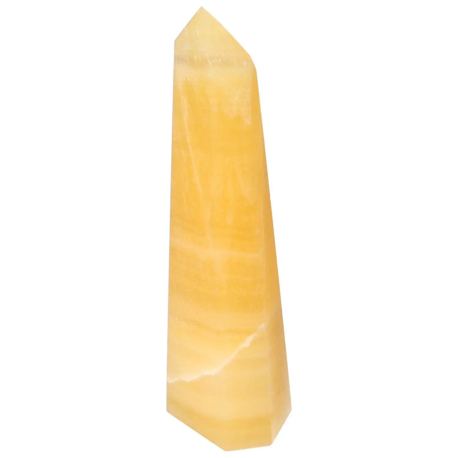 Mexican Calcite Obelisk crystal from Sylvia Crystals, symbolizing positivity and inspiration, boosting self-confidence and goal achievement.