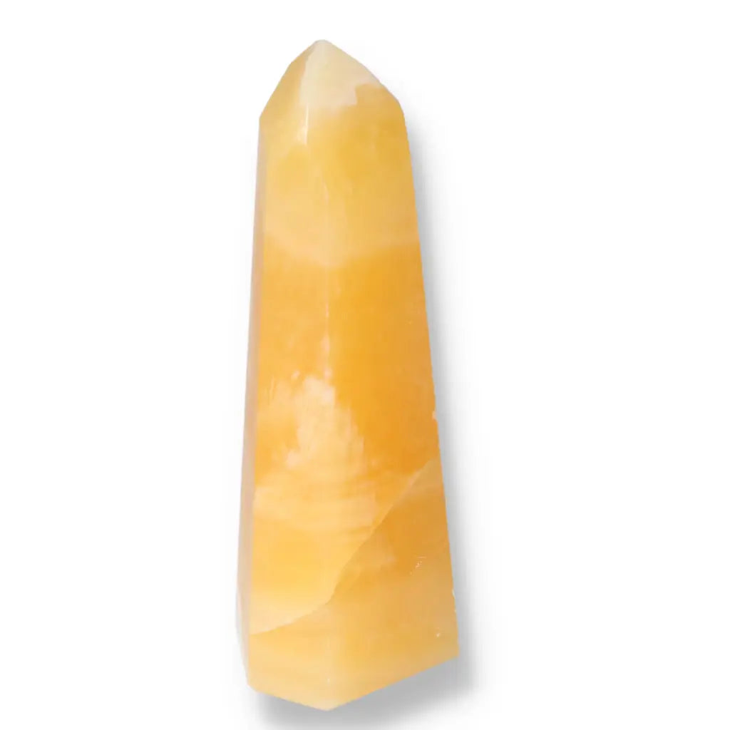 Mexican Calcite Obelisk crystal, enhancing positivity and motivation, from Sylvia Crystals.