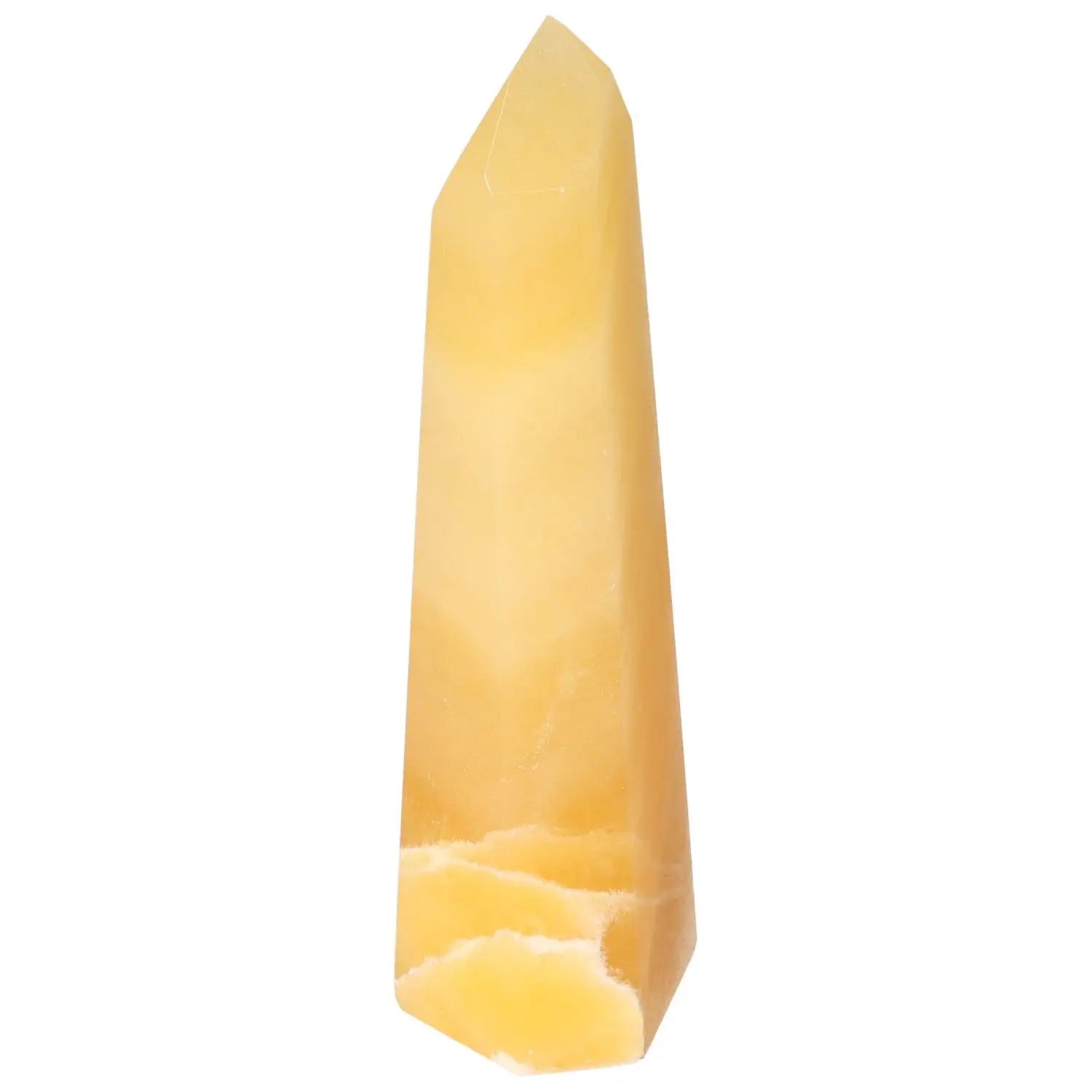 Elegant Mexican Calcite Obelisk from Sylvia Crystals, enhancing confidence and goal achievement with natural beauty.