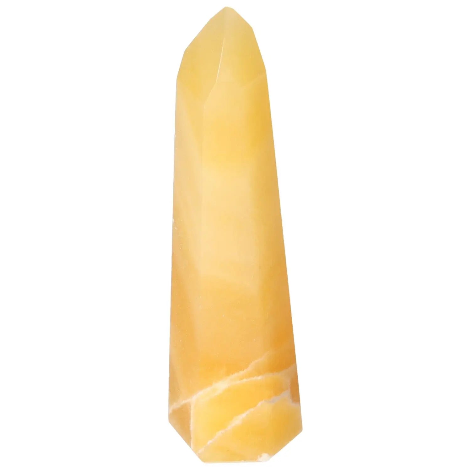 Elegant Mexican Calcite Obelisk from Sylvia Crystals, perfect for enhancing confidence and motivation in students and professionals.