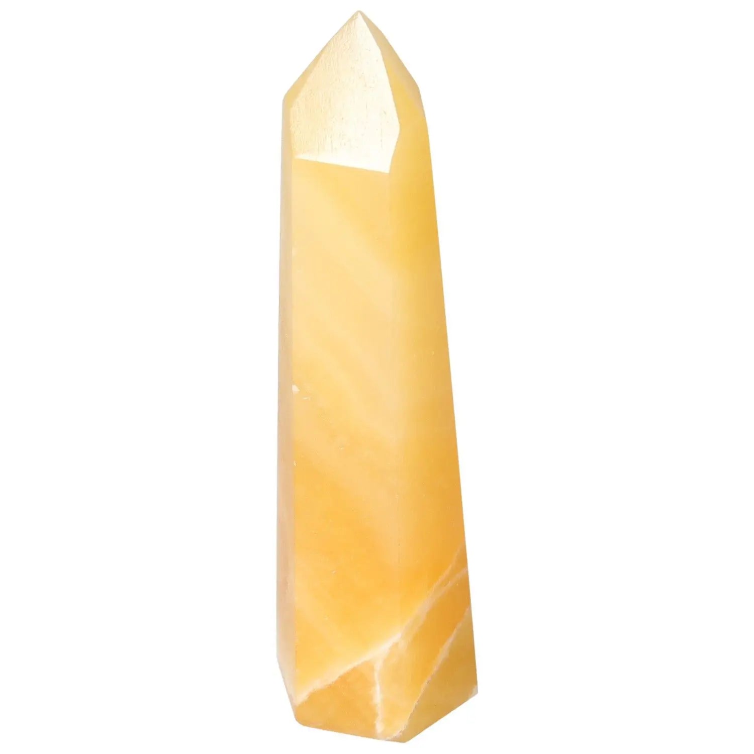 Elegant Mexican Calcite Obelisk from Sylvia Crystals, known for enhancing confidence and motivation, ideal for students and professionals.