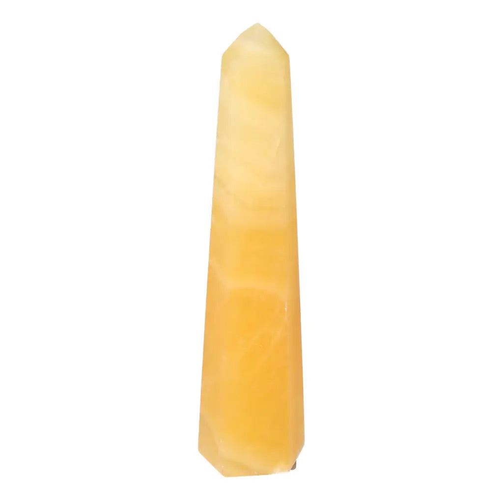 Mexican Calcite Obelisk by Sylvia Crystals, a vibrant decorative piece for enhancing self-confidence and motivation.