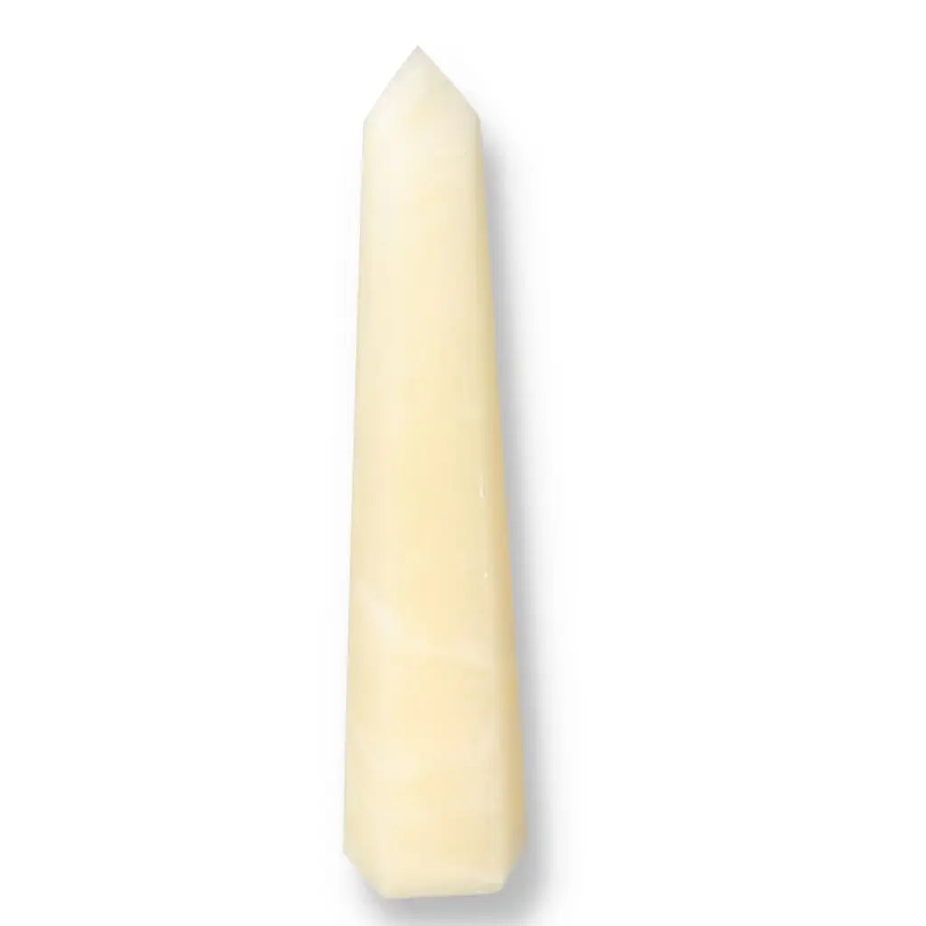 Mexican Calcite Obelisk from Sylvia Crystals, enhancing spiritual harmony and energy, ideal for personal growth and motivation.