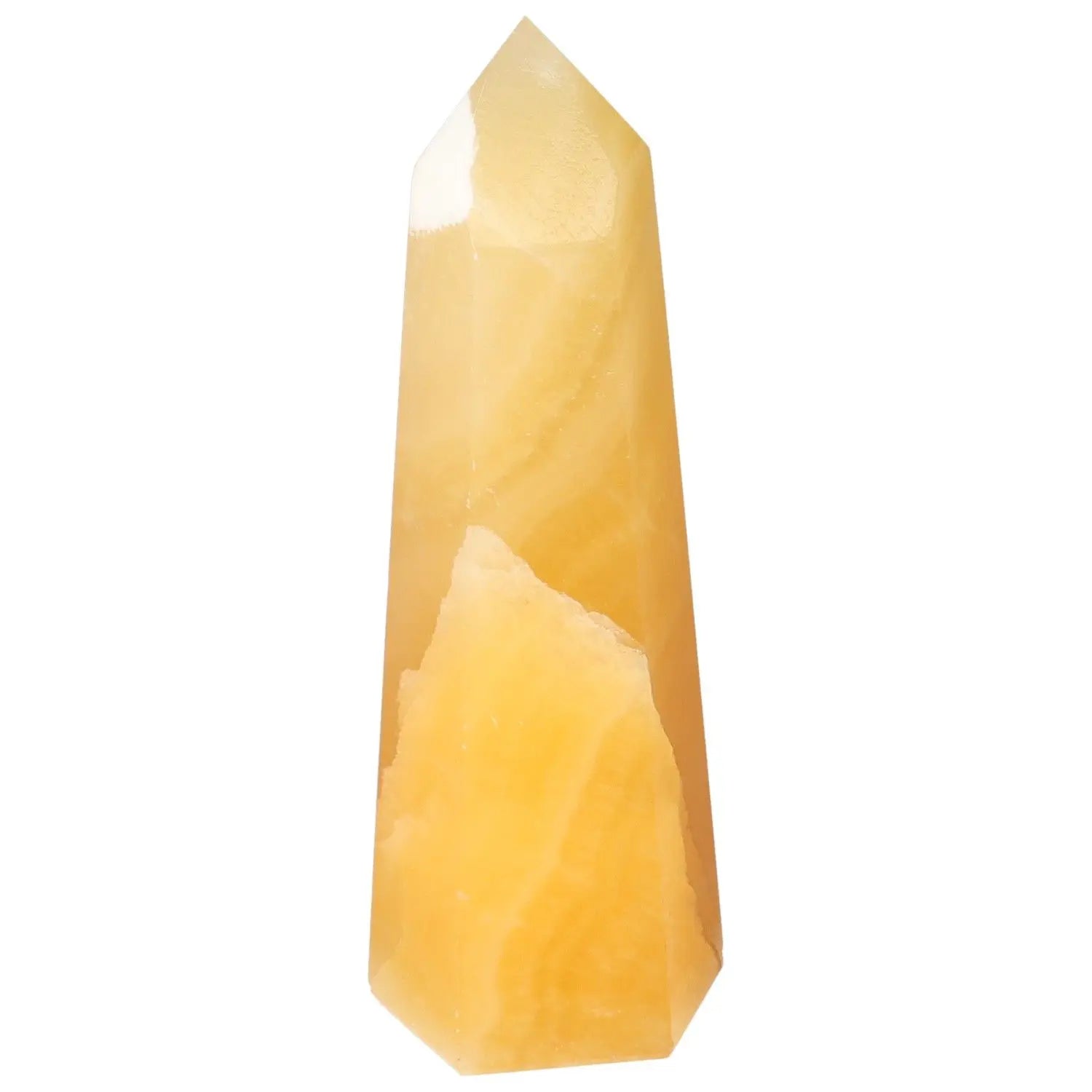 Yellow Mexican Calcite Obelisk from Sylvia Crystals, enhancing self-confidence and spiritual growth, premium quality crystal sculpture.