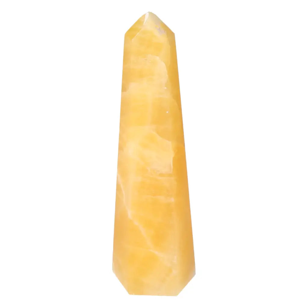Elegant yellow Mexican Calcite Obelisk from Sylvia Crystals, enhancing aesthetics and spiritual harmony, handpicked for quality.