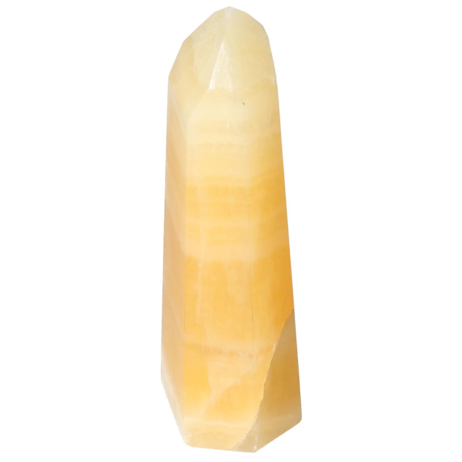 Mexican Calcite Obelisk crystal from Sylvia Crystals showcasing luxury and positive energy for personal growth and self-confidence.