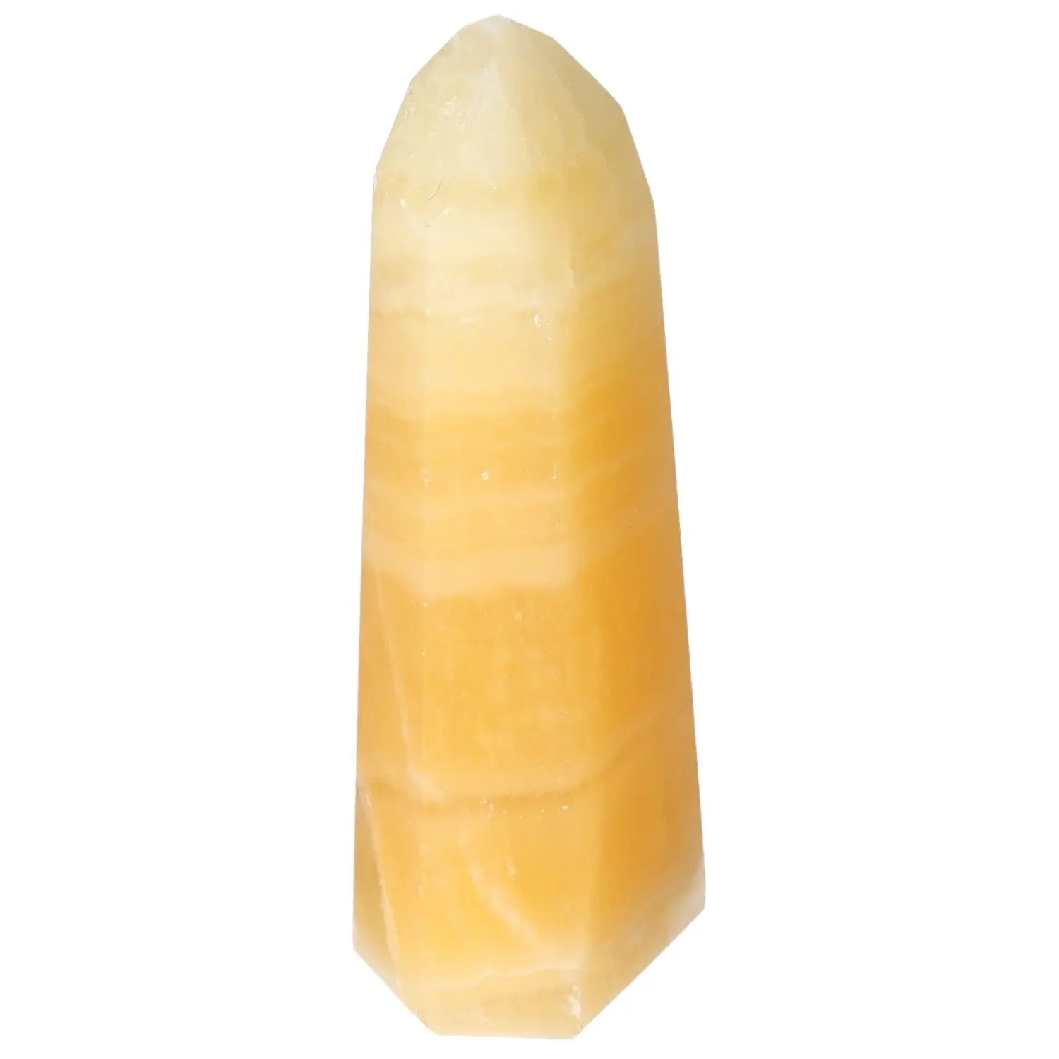 Mexican Calcite Obelisk from Sylvia Crystals, enhancing self-confidence and positive energy. Ideal for personal transformation and growth.