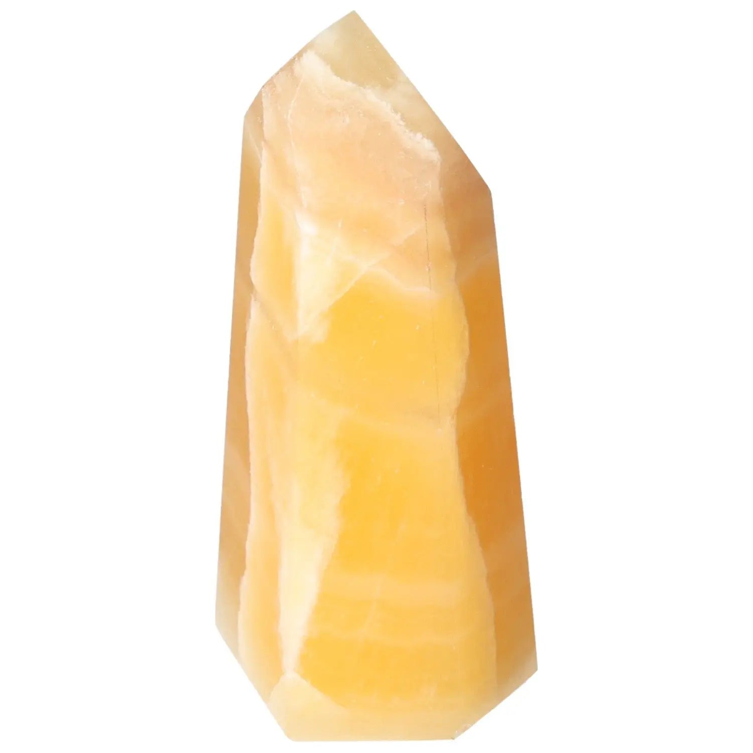 Mexican Calcite Obelisk by Sylvia Crystals, symbolizing spiritual awakening and elegance, enhancing confidence and motivation.