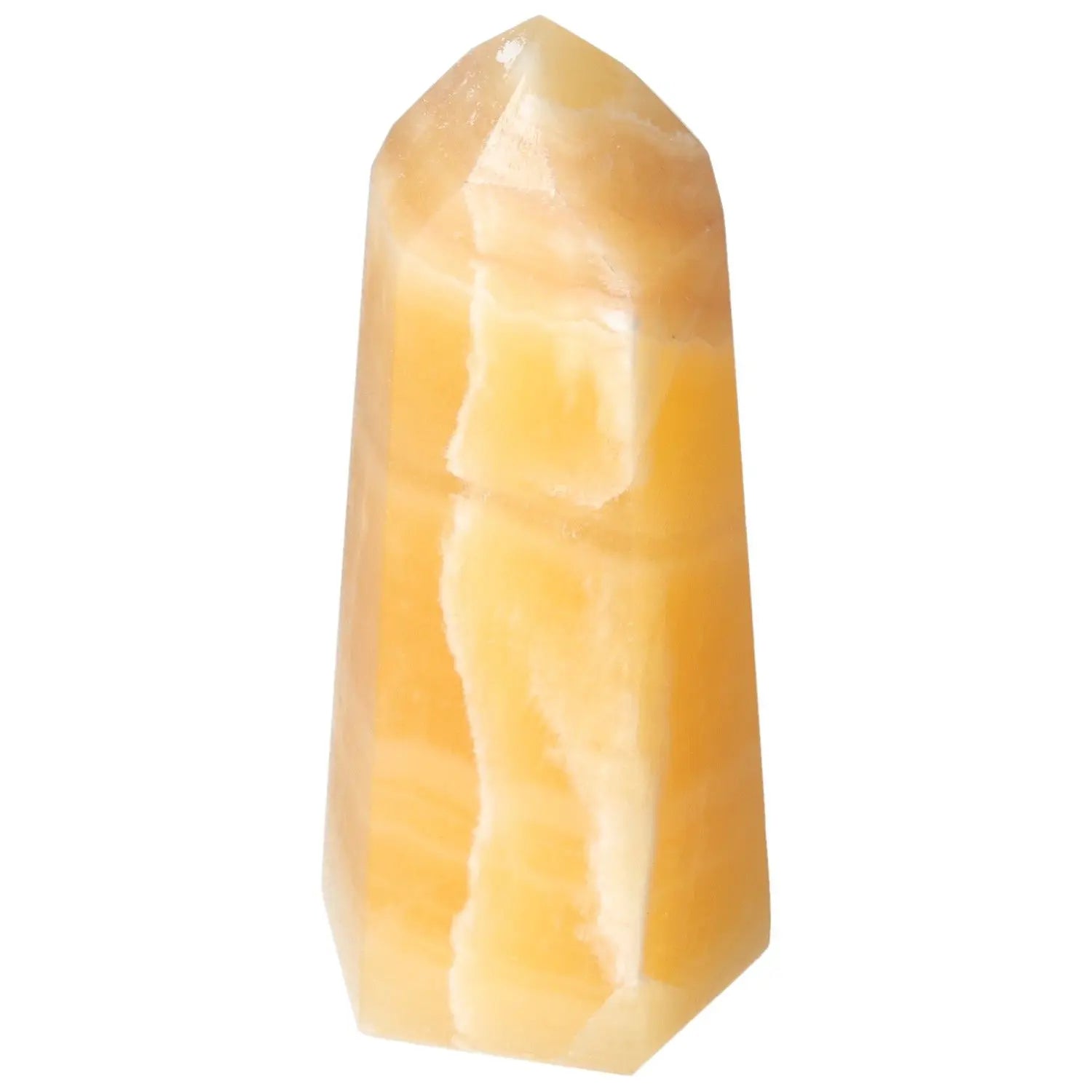 Mexican Calcite Obelisk by Sylvia Crystals, symbolizing spiritual awakening and energy amplification, in a vibrant yellow hue.