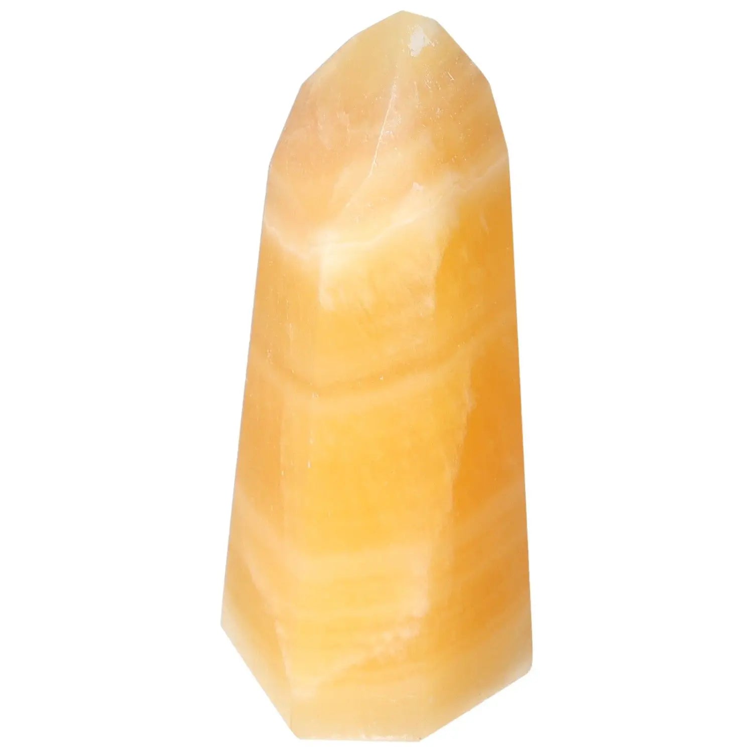 Mexican Calcite Obelisk by Sylvia Crystals, symbolizing spiritual awakening, boosting confidence, and radiating positive energy.