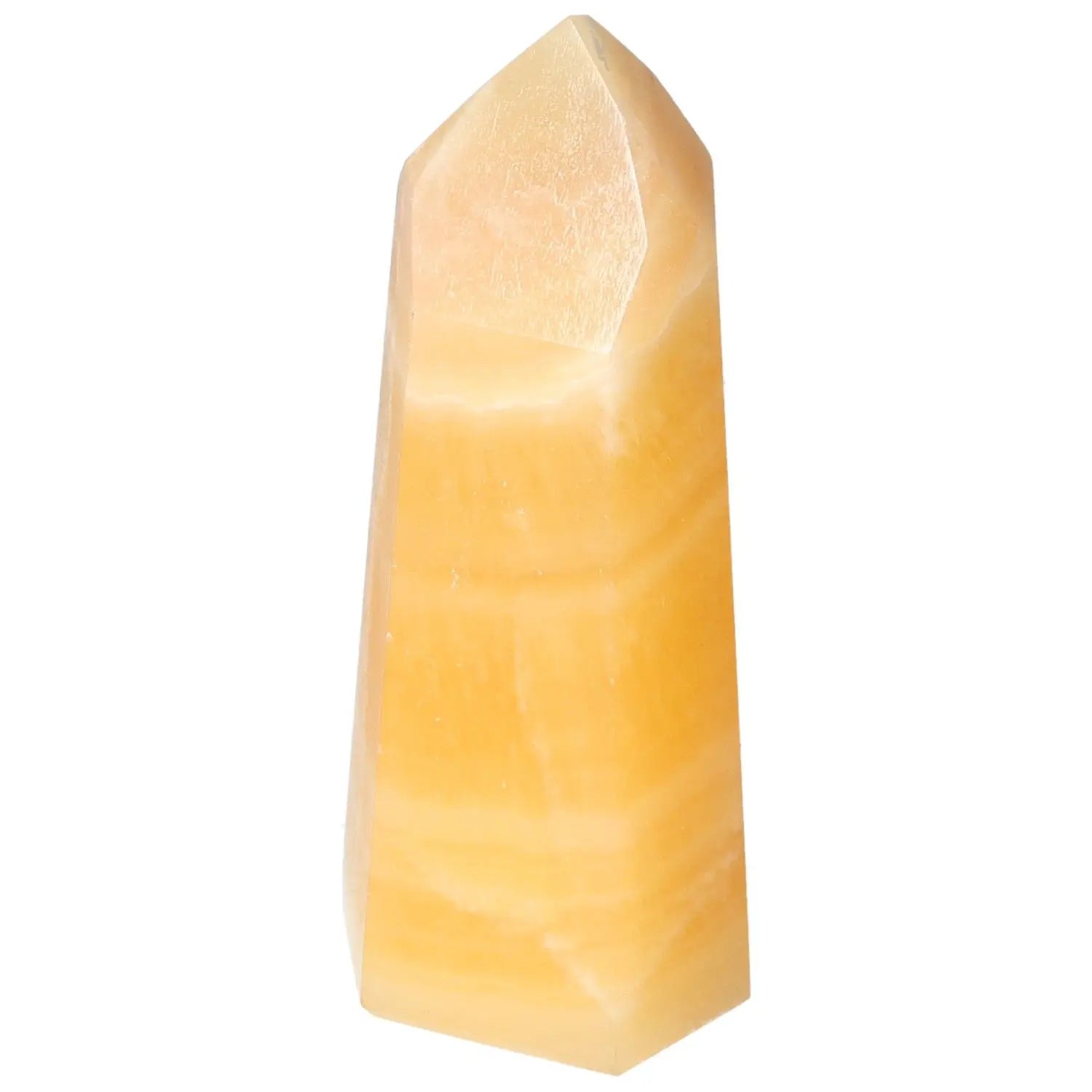 Mexican Calcite Obelisk by Sylvia Crystals, symbolizing spiritual awakening and elegance, enhances motivation and learning.