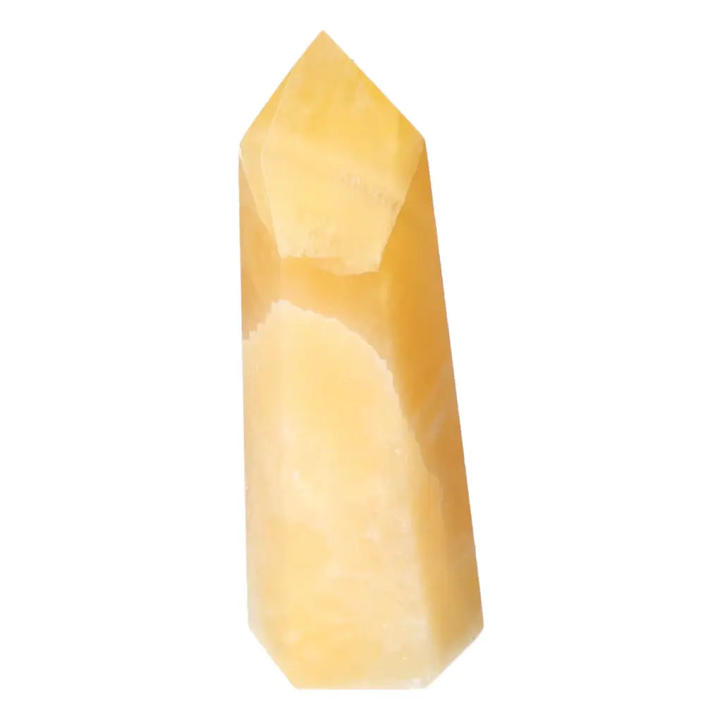 Mexican Calcite Obelisk from Sylvia Crystals, enhancing motivation and focus, symbolizing earth's energies and spiritual allure.