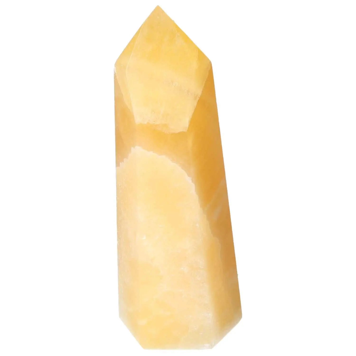 Mexican Calcite Obelisk, enhancing self-confidence and focus, premium crystal by Sylvia Crystals, spiritual energy centerpiece.