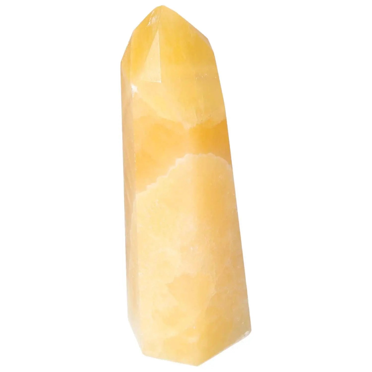 Yellow Mexican Calcite Obelisk crystal by Sylvia Crystals, enhances confidence and focus, spiritual and elegant centerpiece.