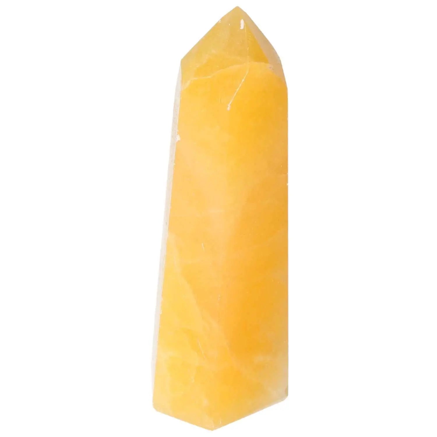 Mexican Calcite Obelisk crystal by Sylvia Crystals, enhancing self-confidence and focus, on a white background.