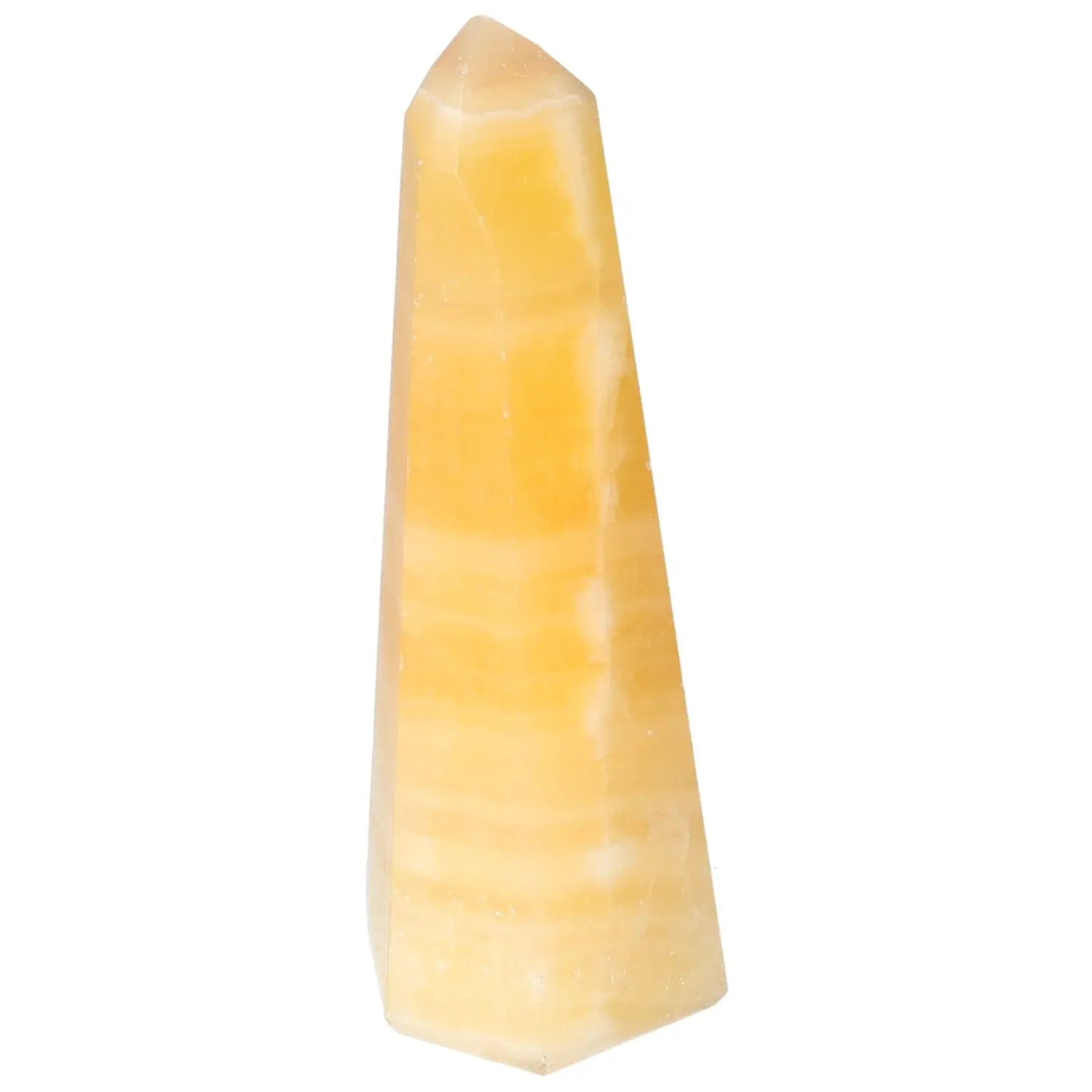 Mexican Calcite Obelisk by Sylvia Crystals, enhancing self-confidence and energy with its refined elegance and spiritual vitality.