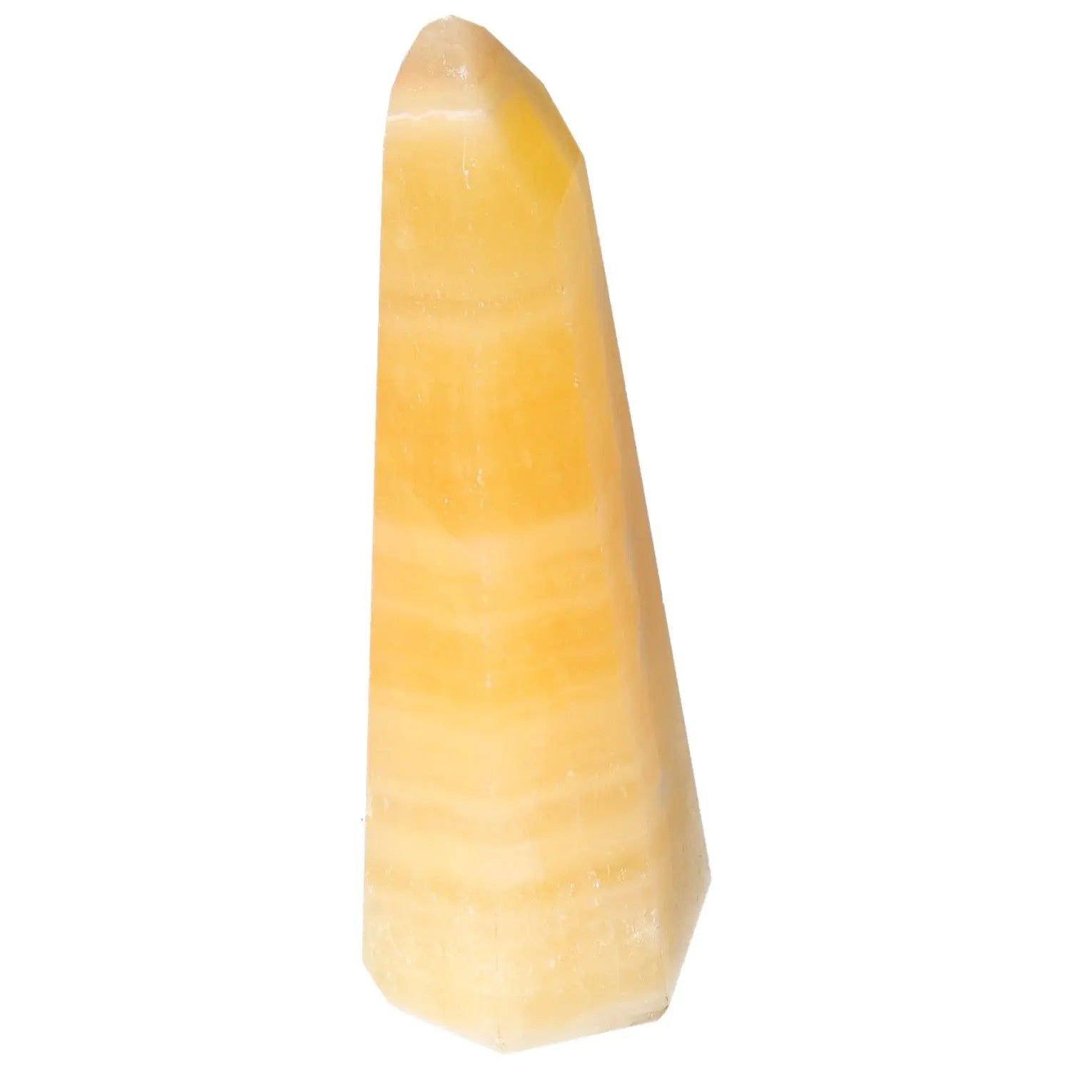 Mexican Calcite Obelisk by Sylvia Crystals, enhancing energy and self-confidence, perfect for personal growth and home decor.
