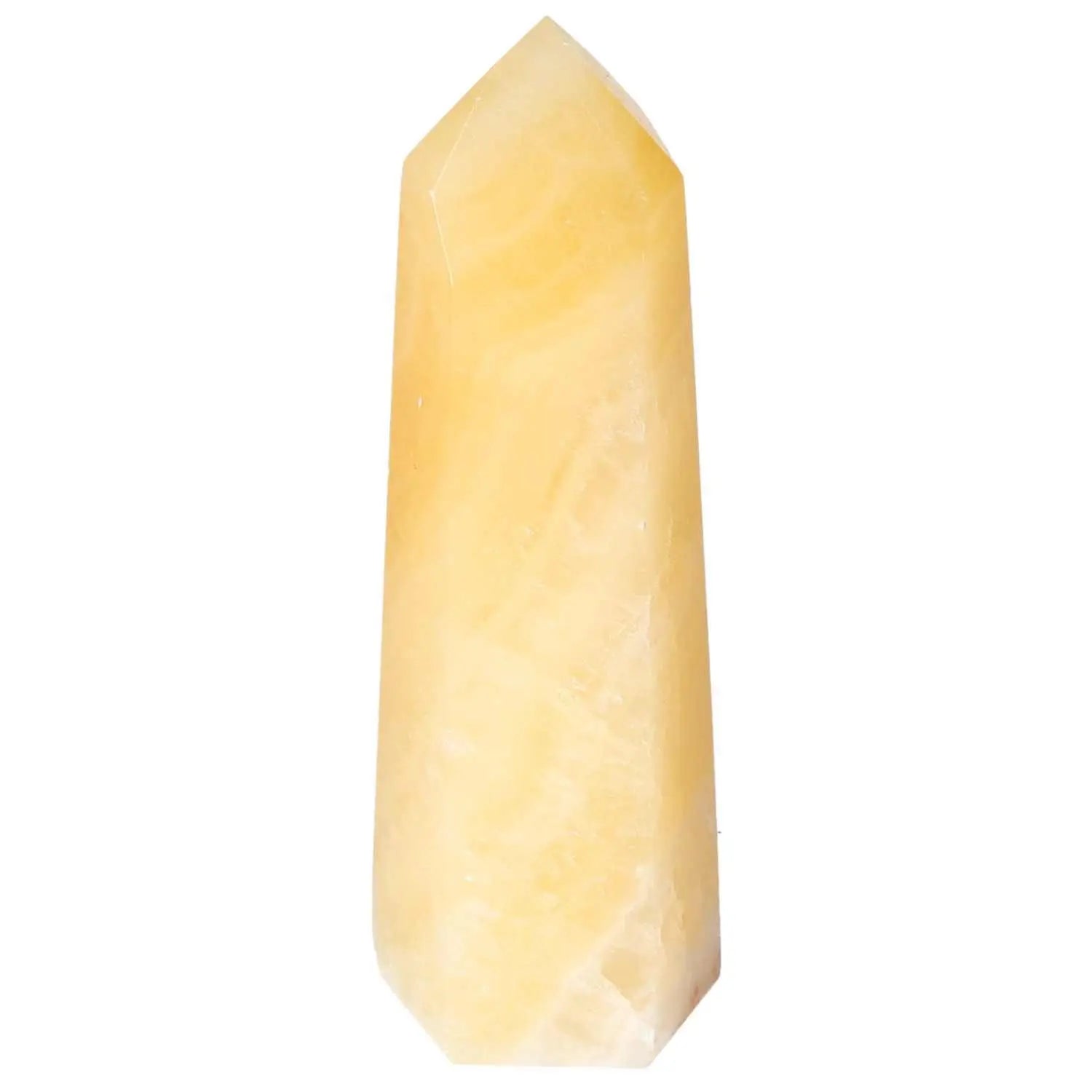 Mexican Calcite Obelisk by Sylvia Crystals, promoting self-confidence, motivation, and energy with its elegant design.