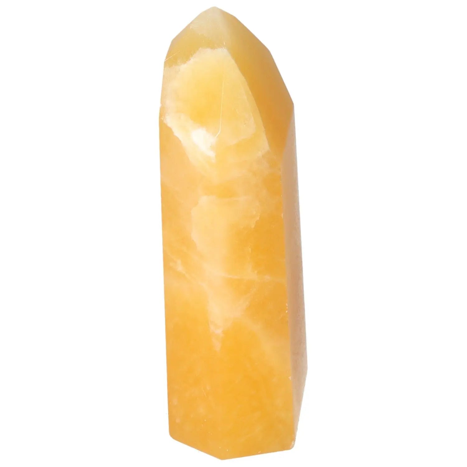 Mexican Calcite Obelisk from Sylvia Crystals, vibrant yellow hue, enhances positivity and confidence, ideal for spiritual and goal achievement.