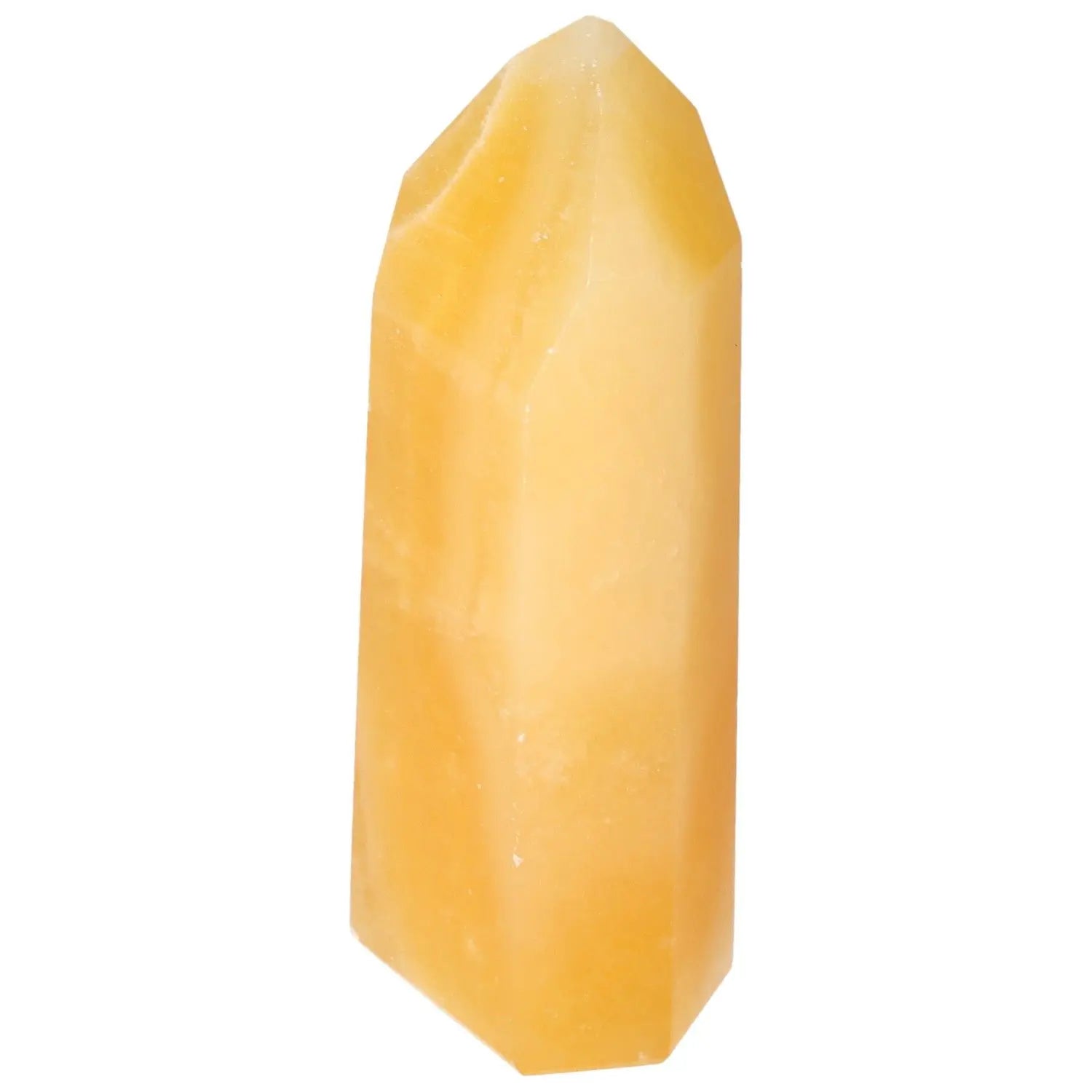 Yellow Mexican Calcite Obelisk crystal from Sylvia Crystals, offering spiritual illumination and positivity.