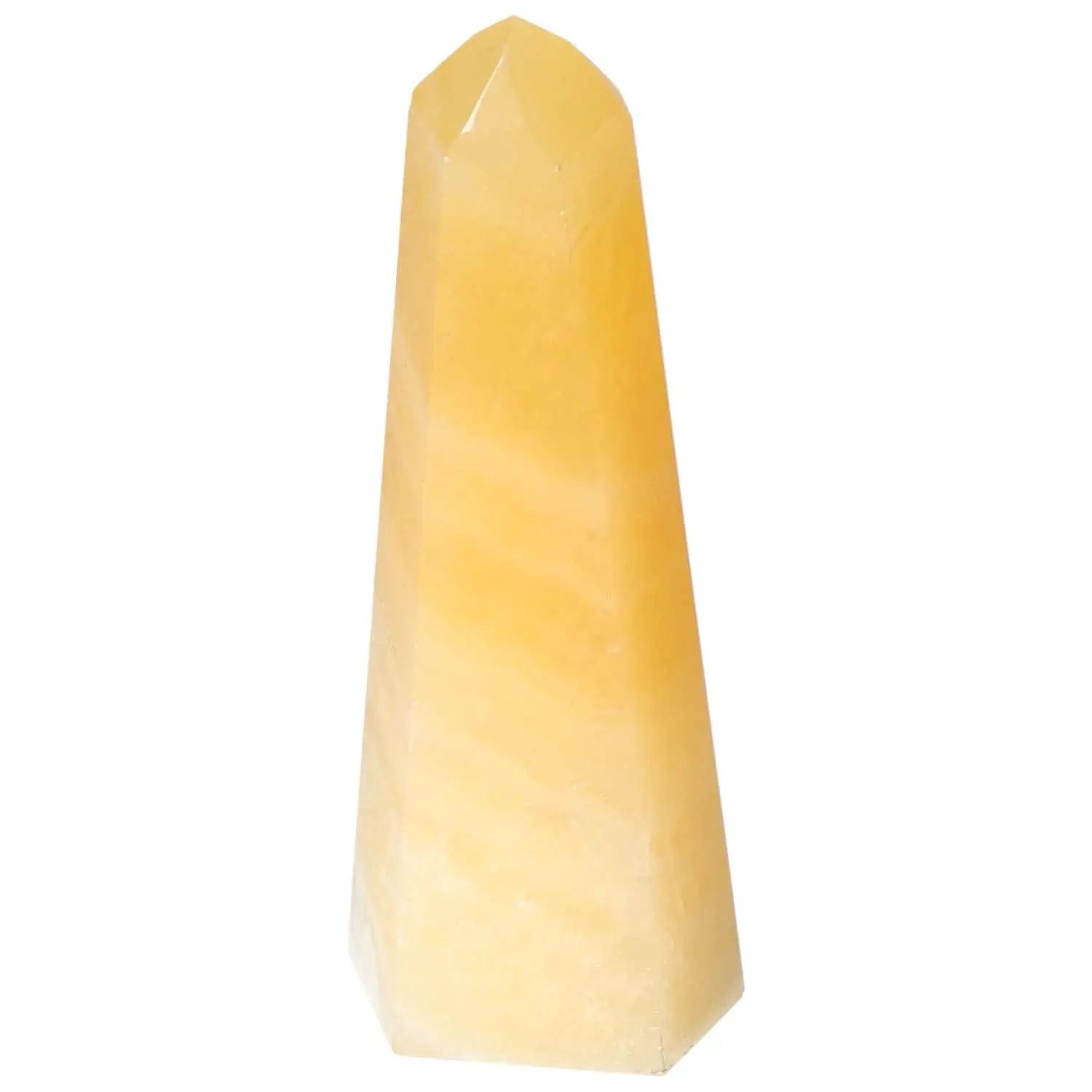 Elegant Mexican Calcite Obelisk from Sylvia Crystals, known for enhancing self-confidence and promoting prosperity.
