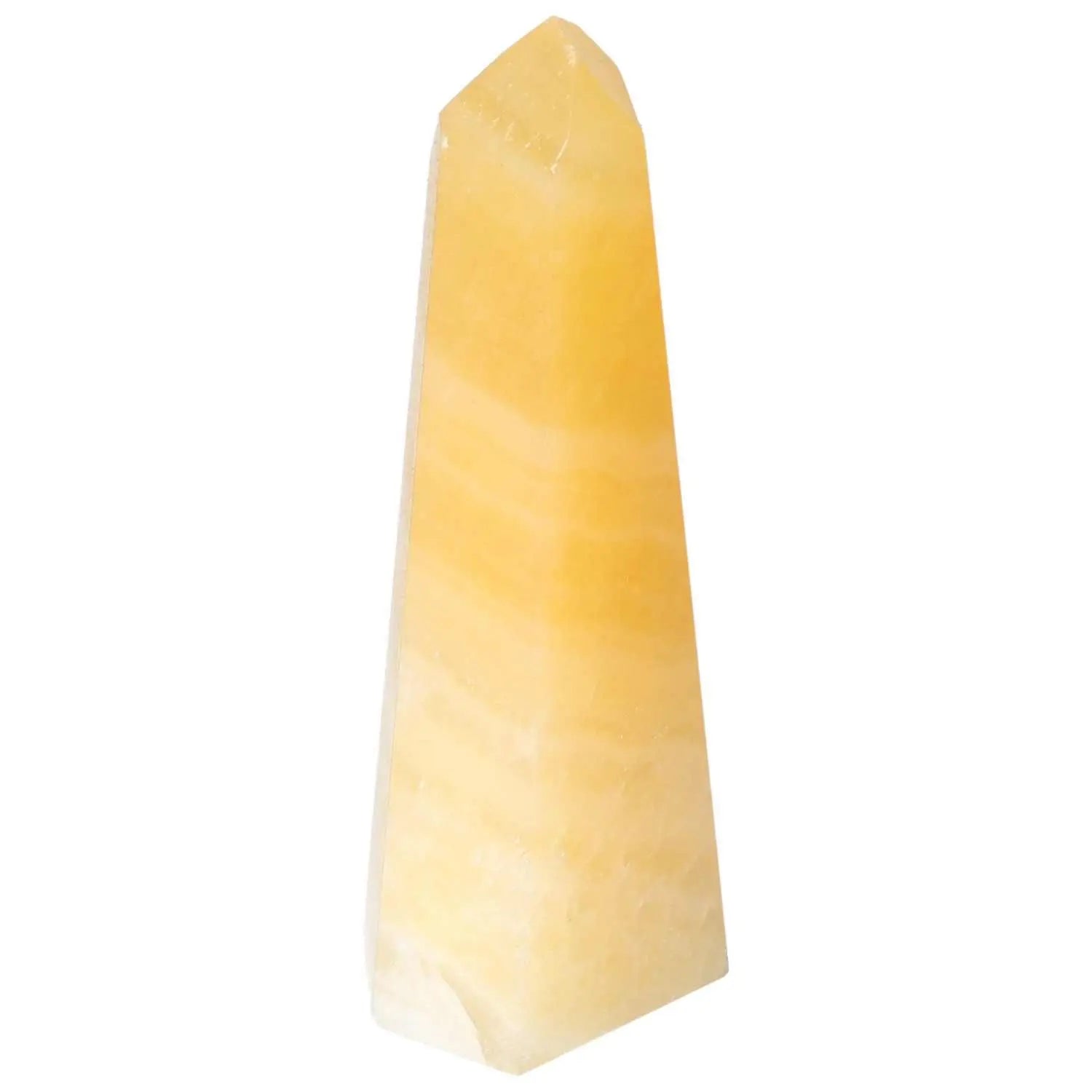 Mexican Calcite Obelisk from Sylvia Crystals, enhancing self-confidence and clearing negative energies, in yellow hues.