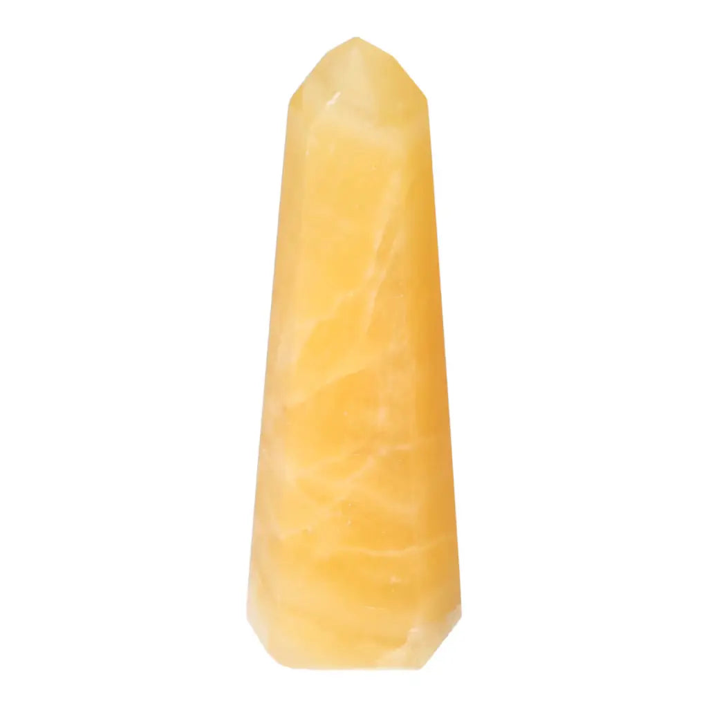 Mexican Calcite Obelisk from Sylvia Crystals, symbolizing self-confidence and prosperity, ideal for spiritual growth and goal achievement.