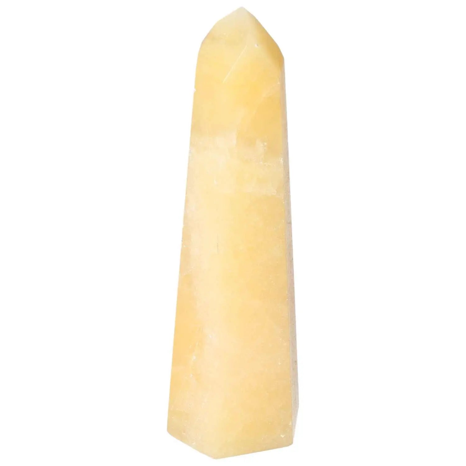Yellow Mexican Calcite Obelisk, Sylvia Crystals, spiritual decor enhancing positivity, confidence, motivation, and concentration.