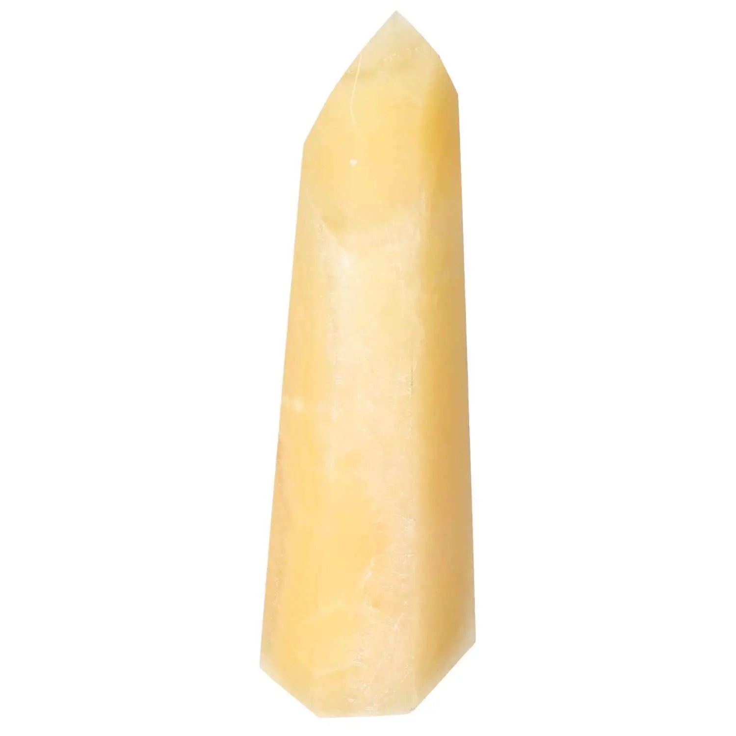 Mexican Calcite Obelisk from Sylvia Crystals, known for elegance and spiritual significance, enhances self-confidence and positivity.