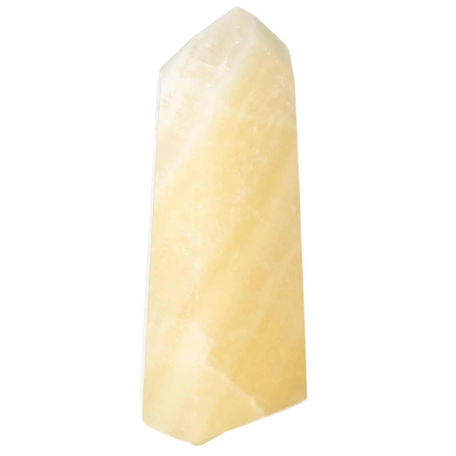 Mexican Calcite Obelisk from Sylvia Crystals known for boosting self-confidence, enhancing motivation, and achieving goals.
