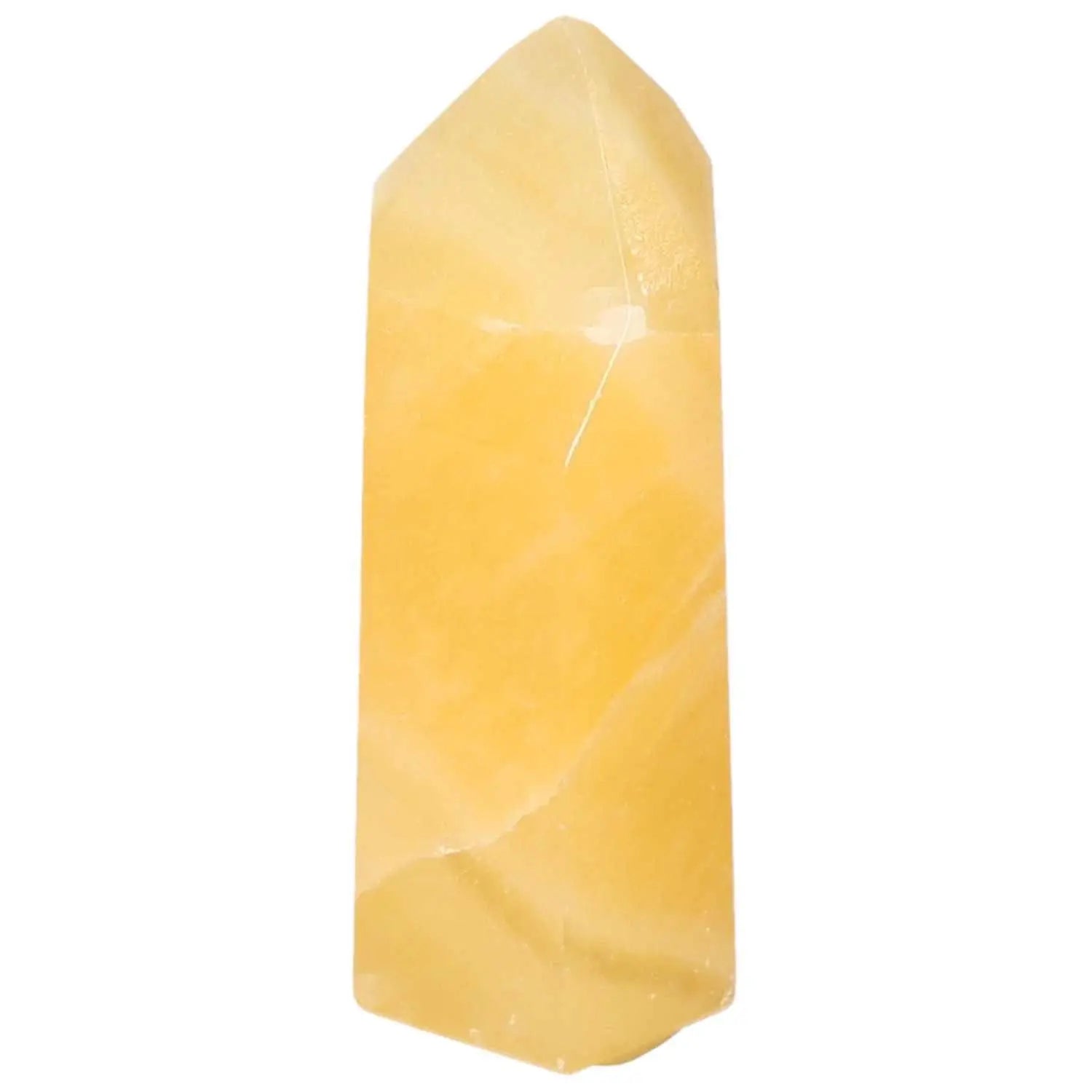 Mexican Calcite Obelisk from Sylvia Crystals, a luxurious yellow crystal for enhancing self-confidence and conscious living.