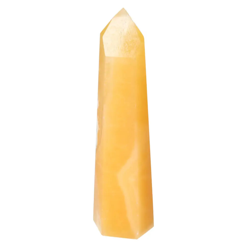 Mexican Calcite Obelisk from Sylvia Crystals, known for enhancing self-confidence, shown in vibrant yellow hue, standing upright.