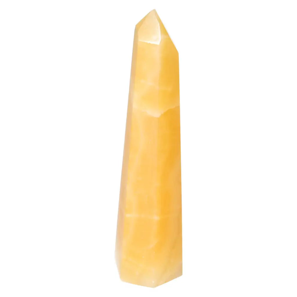 Mexican Calcite Obelisk by Sylvia Crystals, artisan-crafted for spiritual enhancement and confidence boosting, ideal for any space.