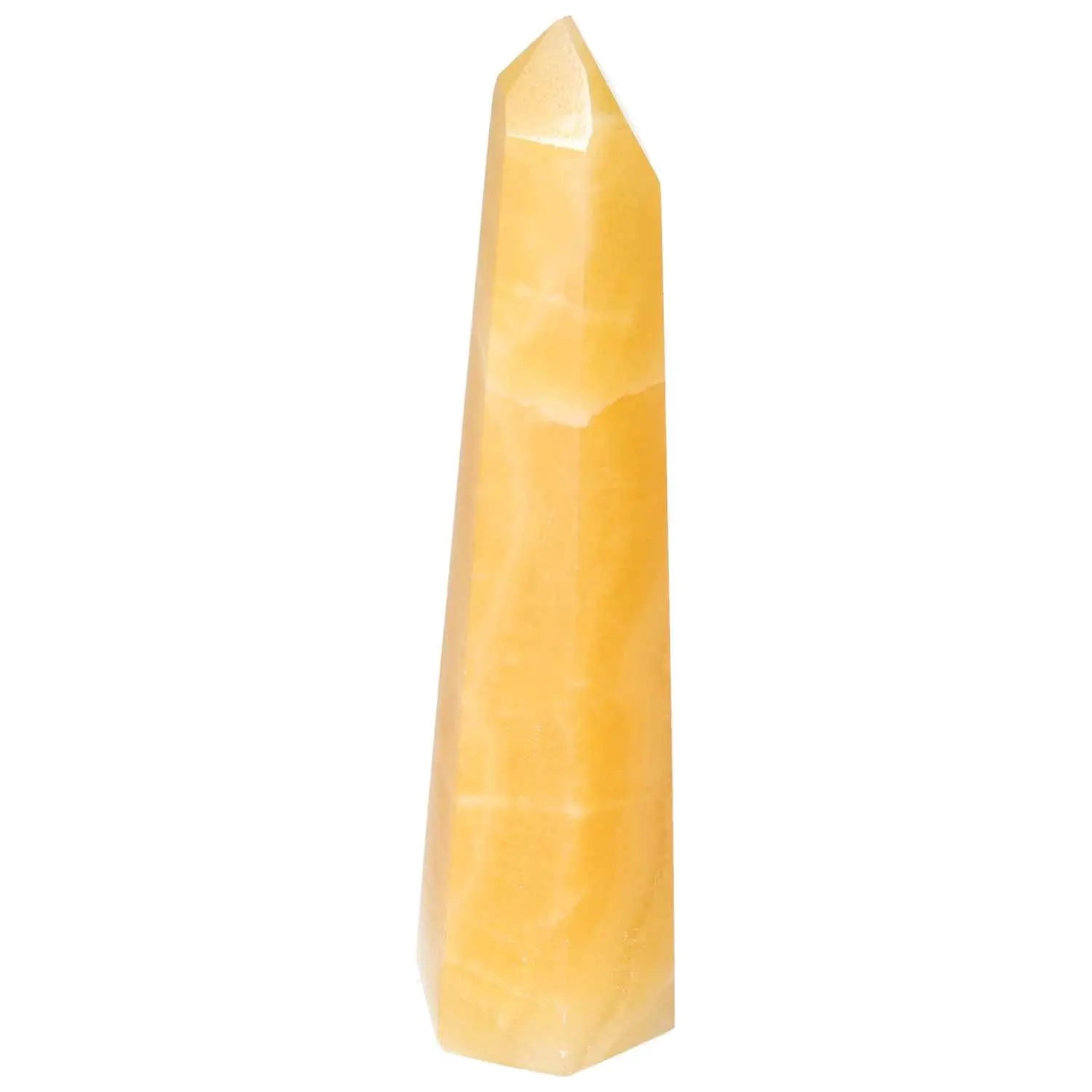 Mexican Calcite Obelisk, artisan-crafted spiritual tool for self-confidence by Sylvia Crystals, enhancing ambiance in spaces.