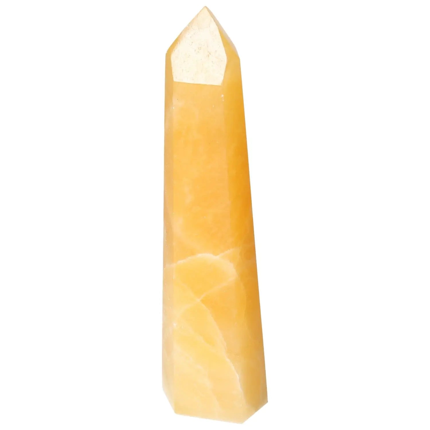 Mexican Calcite Obelisk by Sylvia Crystals, enhancing decor and boosting confidence, premium handpicked piece, vibrant yellow hue.