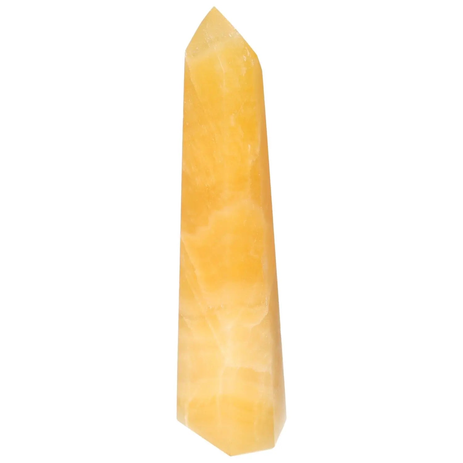 Mexican Calcite Obelisk by Sylvia Crystals, a decorative stone sculpture for enhancing self-confidence and achieving goals.