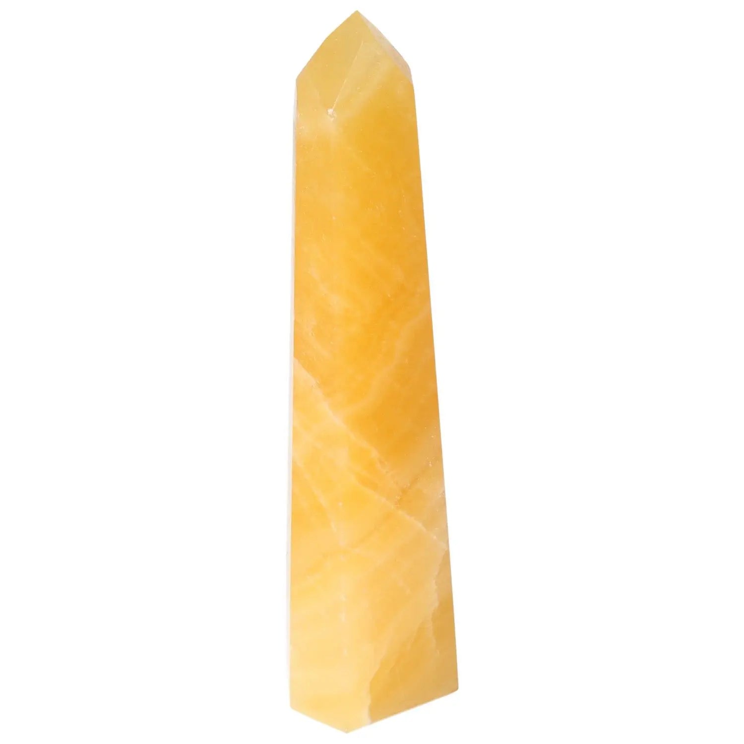 Mexican Calcite Obelisk from Sylvia Crystals, enhancing decor and self-confidence, featuring warm hues and sleek design.