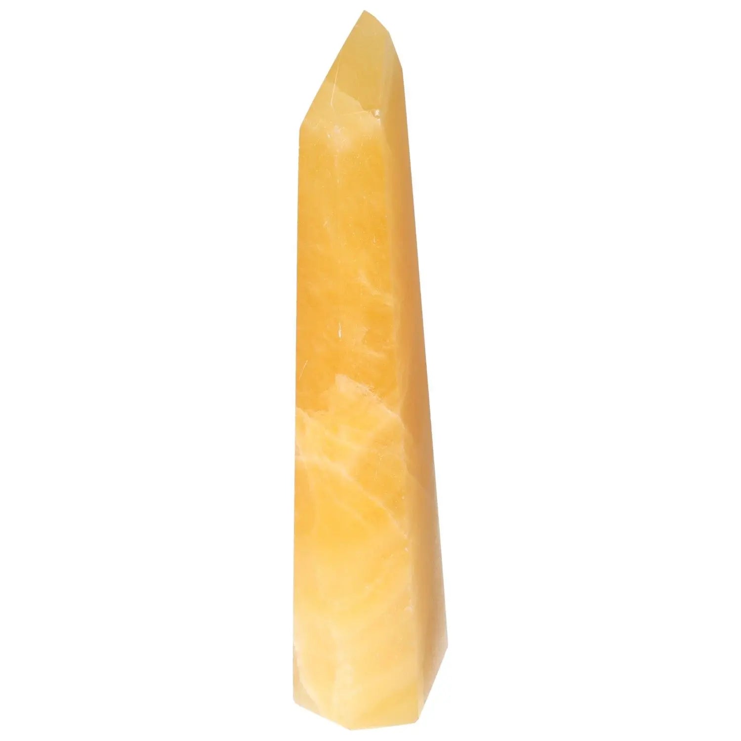 Mexican Calcite Obelisk from Sylvia Crystals, ideal for decor or self-confidence boosting.
