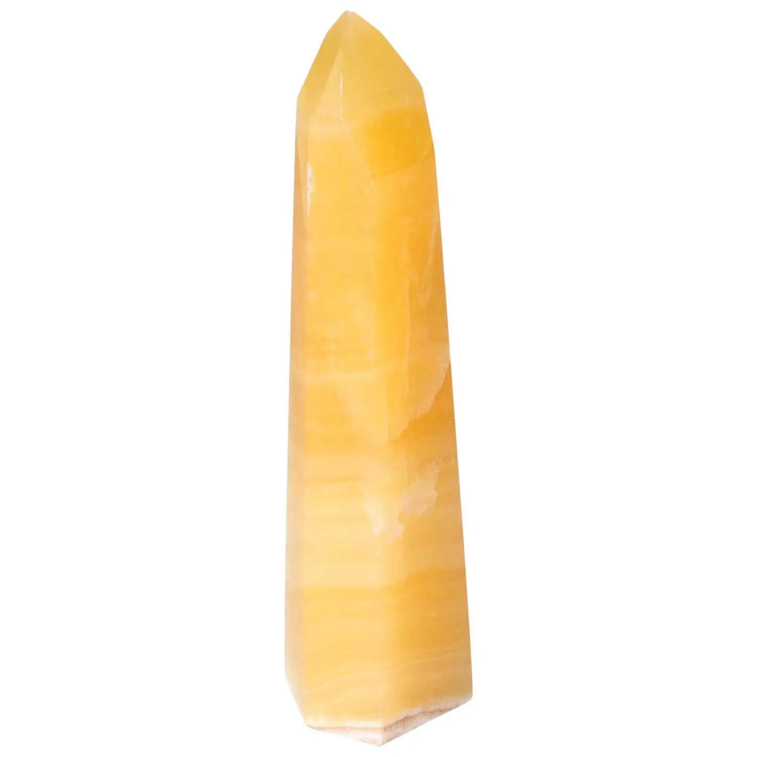 Mexican Calcite Obelisk by Sylvia Crystals, enhancing positive energy and motivation, ideal for learning and concentration.