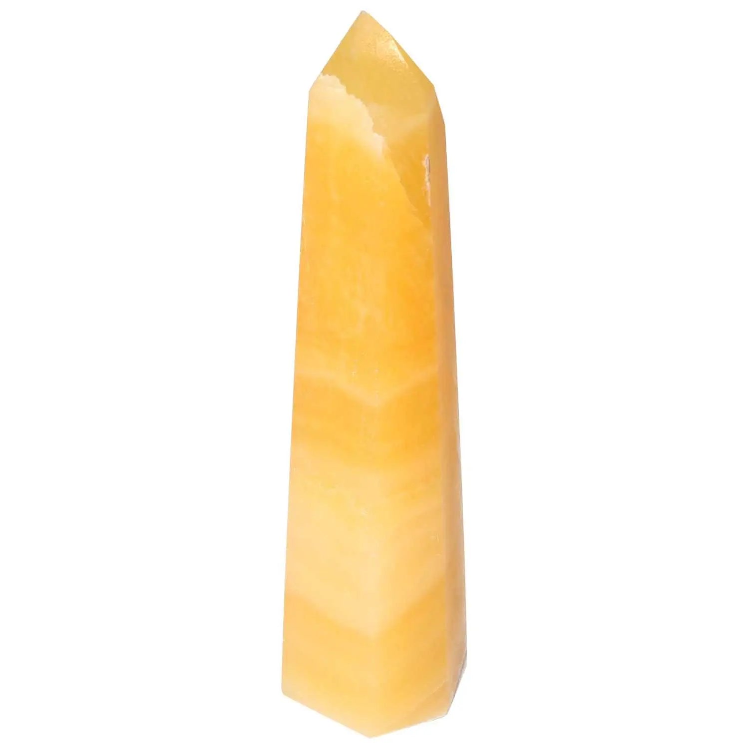 Handpicked Mexican Calcite Obelisk from Sylvia Crystals, boosts motivation and learning, features warm yellow hue, 6 inches tall.