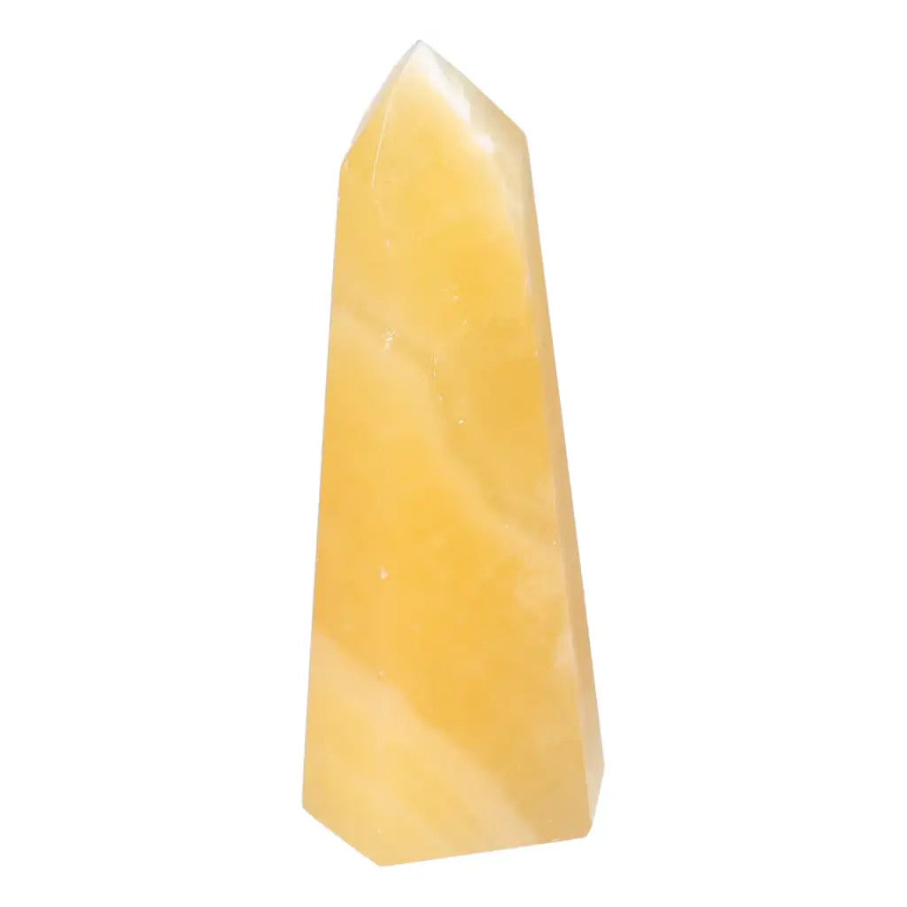 Mexican Calcite Obelisk from Sylvia Crystals, boosts motivation and confidence, ideal for home or office decor.