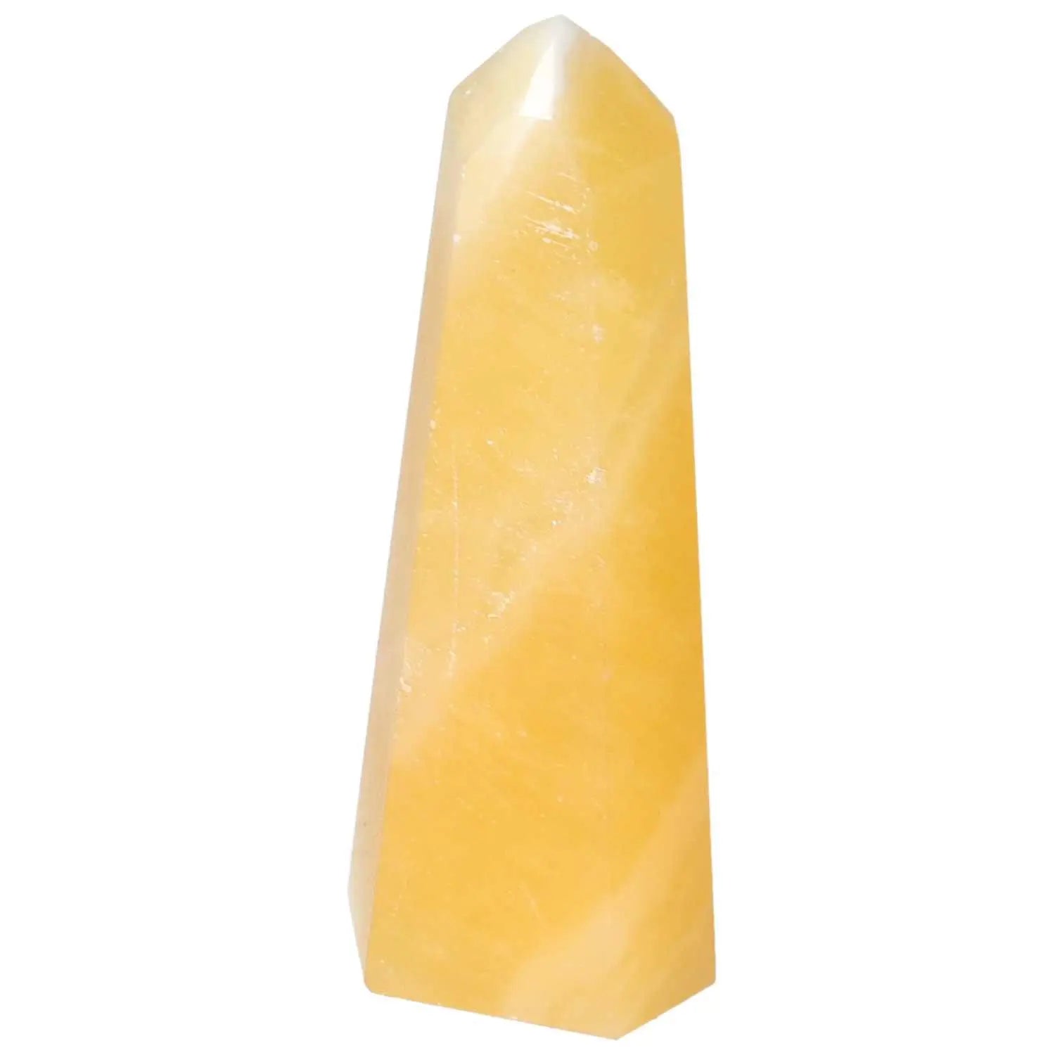 Mexican Calcite Obelisk from Sylvia Crystals, boosts motivation and self-confidence, ideal for home or workspace decor.