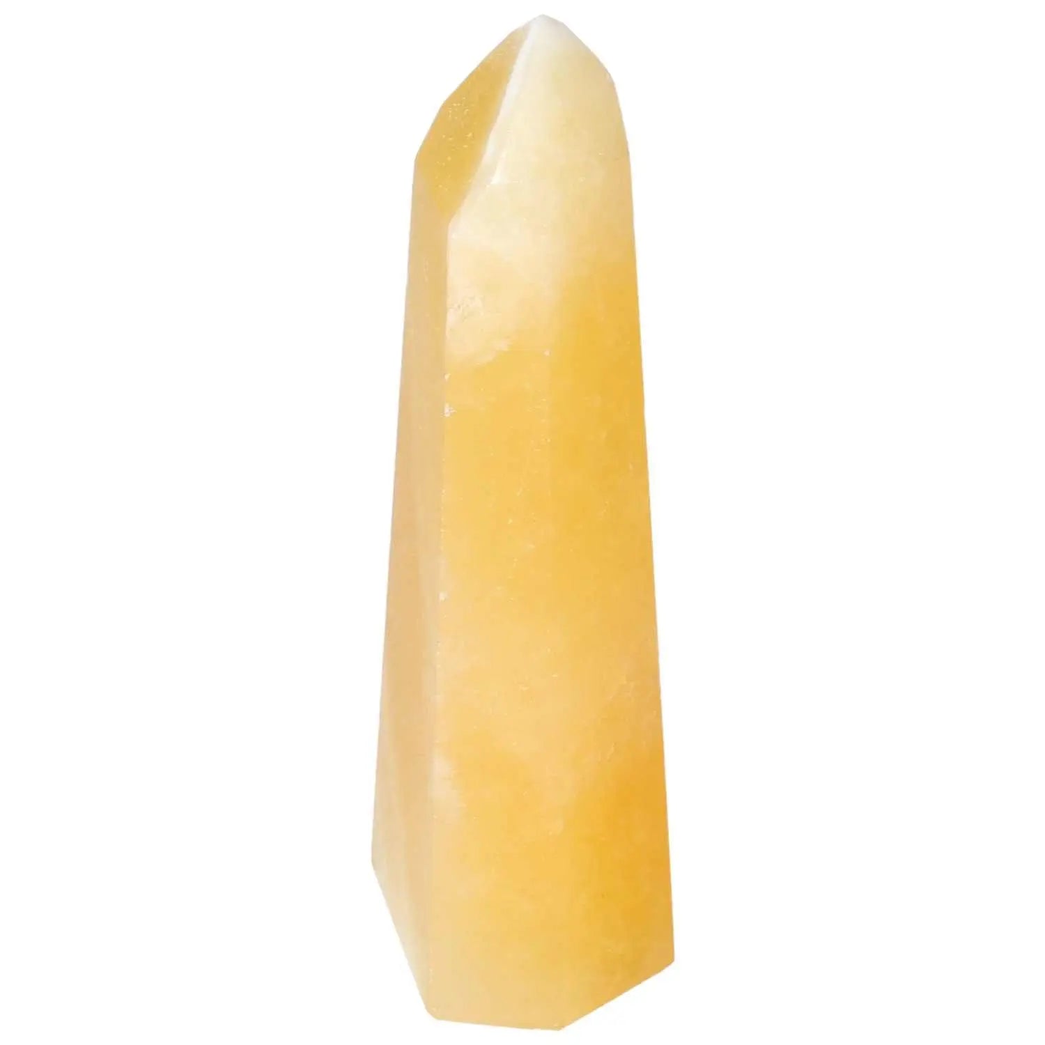 Mexican Calcite Obelisk from Sylvia Crystals, a vibrant yellow crystal for enhancing self-confidence and motivation in spaces.