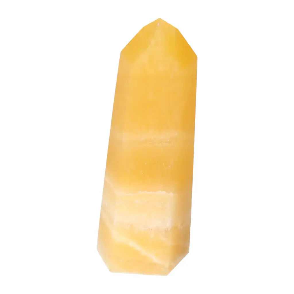 Mexican Calcite Obelisk by Sylvia Crystals, handpicked for quality, boosts self-confidence and goal achievement, elegant and authentic artifact.