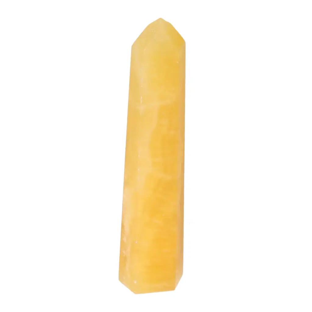 Mexican Calcite Obelisk by Sylvia Crystals, a handpicked yellow crystal for elegance and spiritual enhancement.