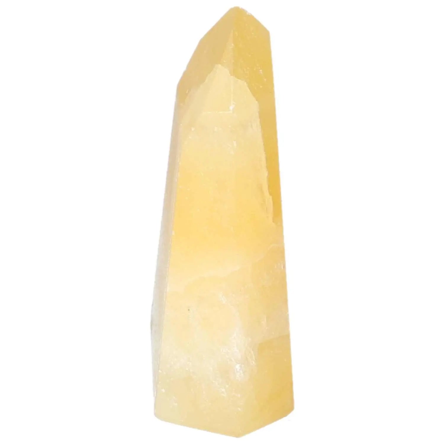 Mexican Calcite Obelisk by Sylvia Crystals, promoting elegance and radiant energy for motivation and confidence.