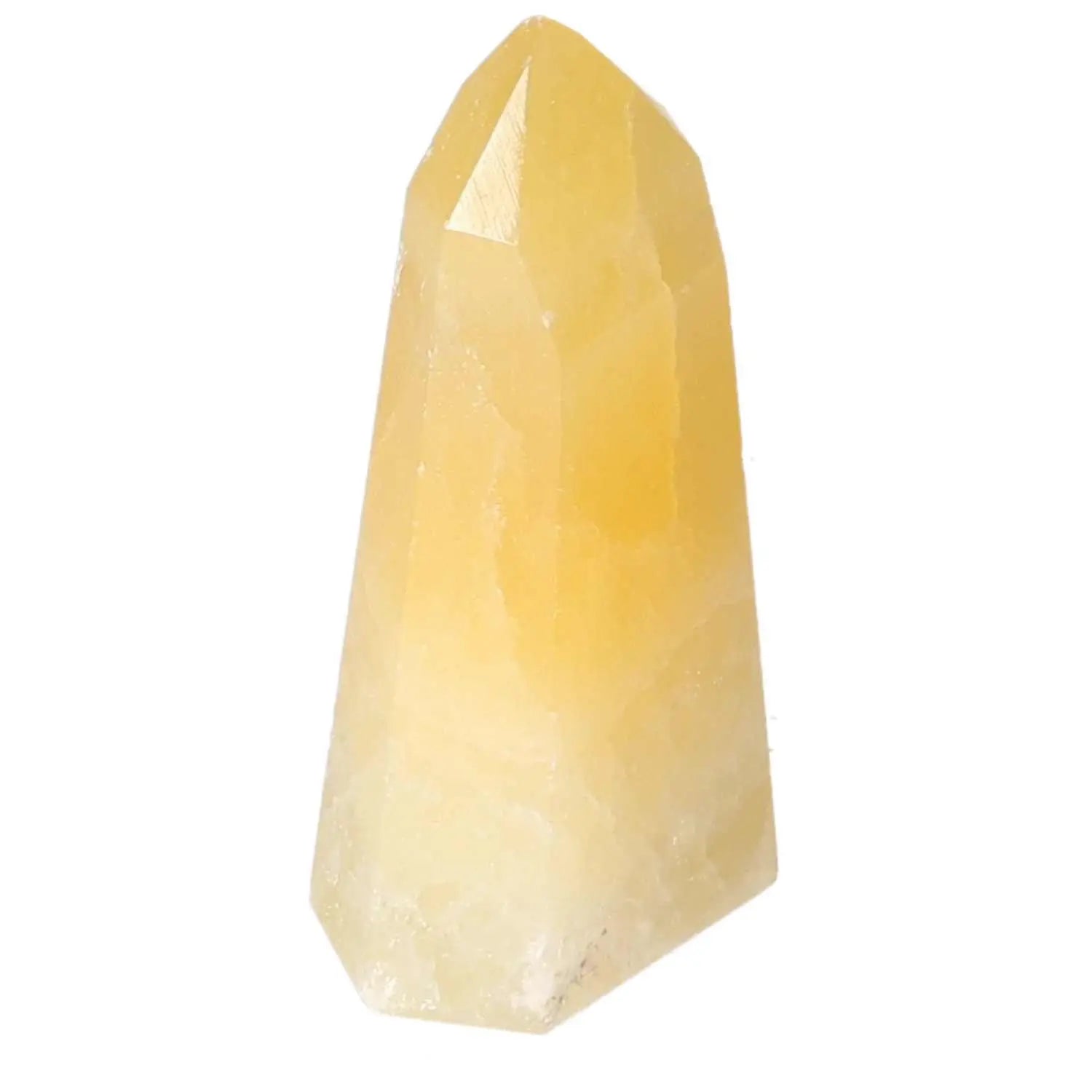 Elegant Mexican Calcite Obelisk for energy and motivation, ideal for decor and positive ambiance, from Sylvia Crystals.