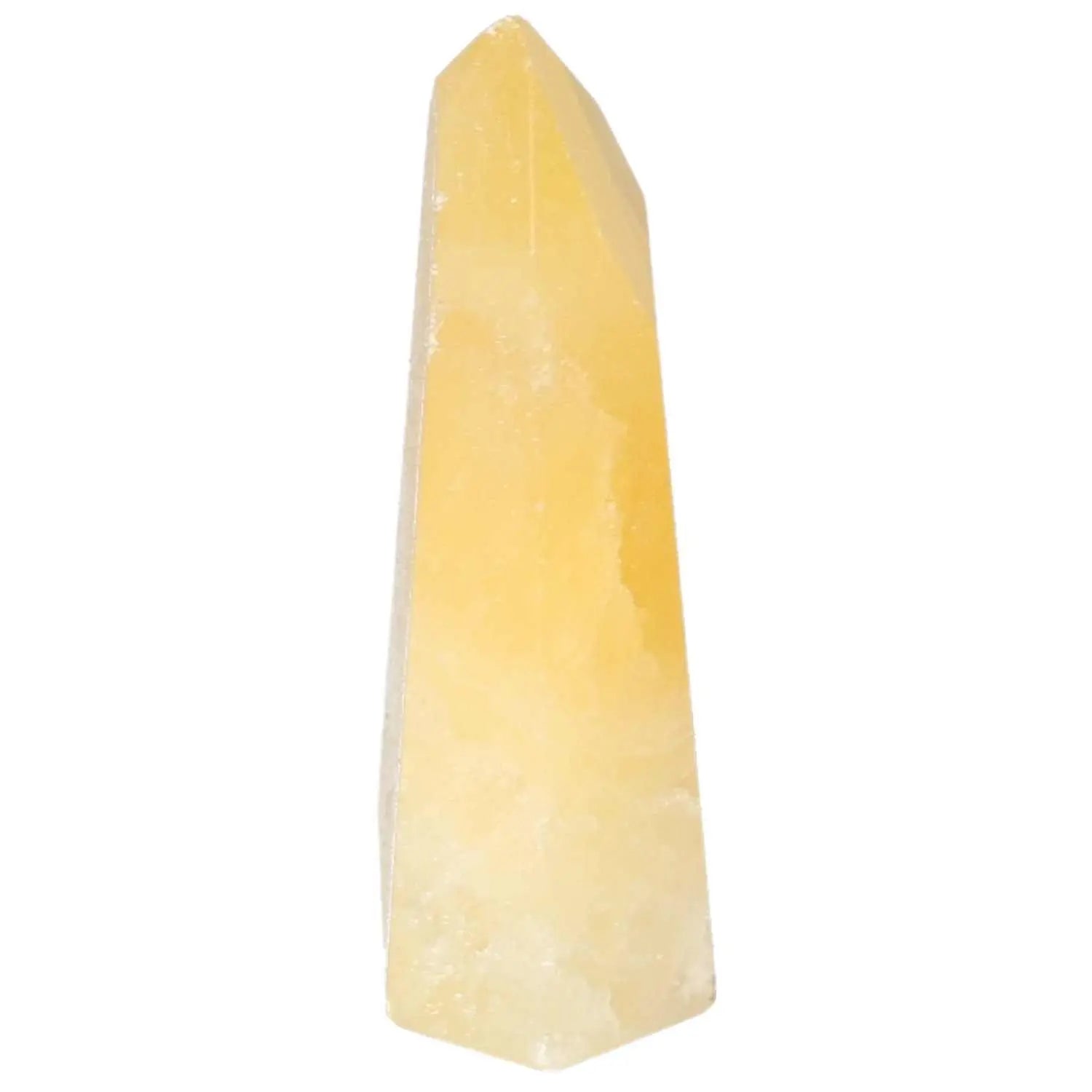 Mexican Calcite Obelisk from Sylvia Crystals, a decorative piece known for positive energy and enhancement of self-confidence.