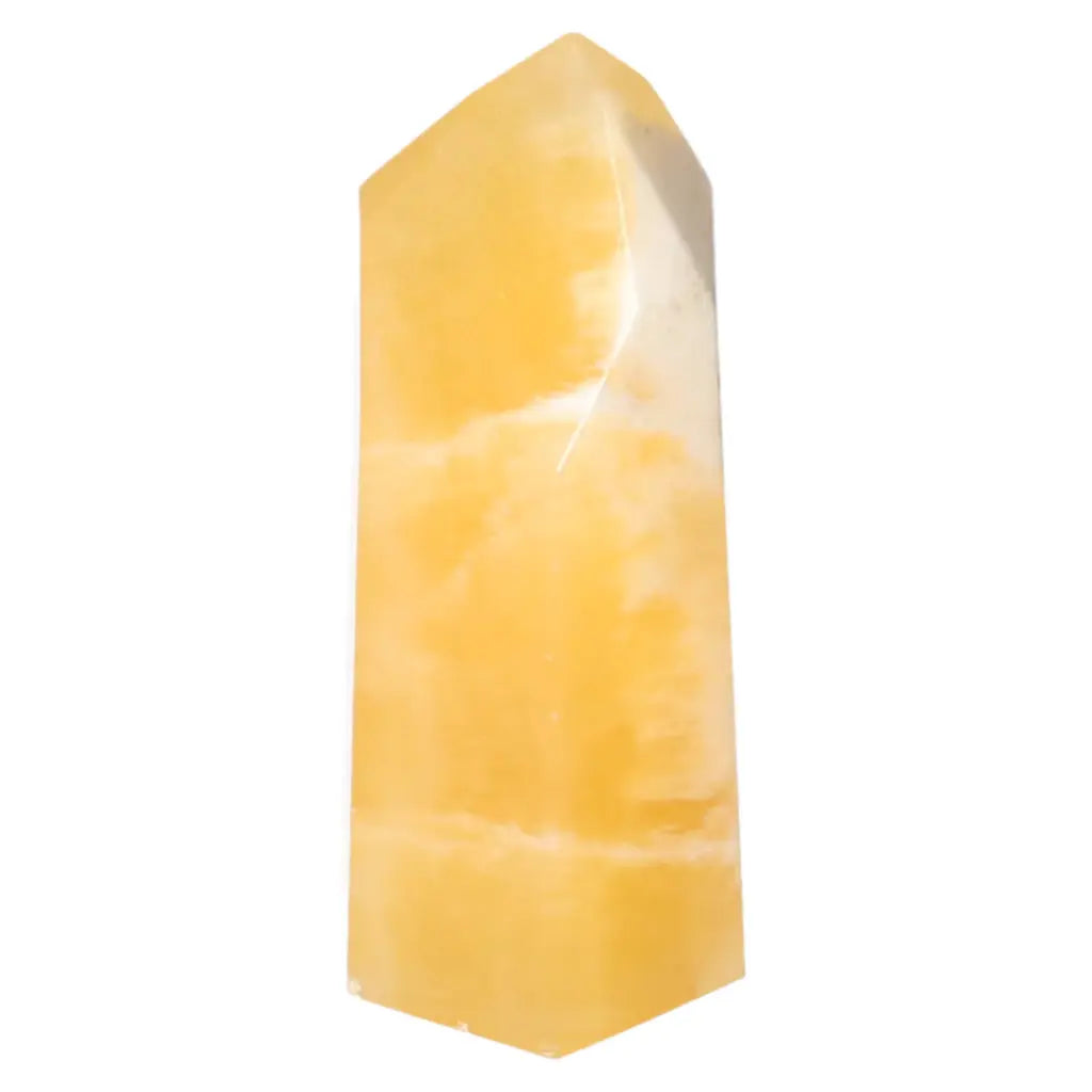Mexican Calcite Obelisk from Sylvia Crystals, enhances self-confidence and motivation, handpicked for positive energy transformation.