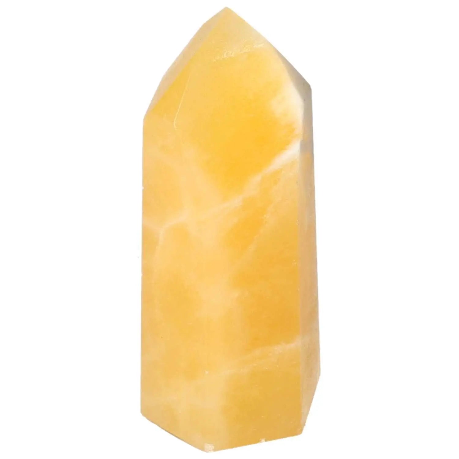 Mexican Calcite Obelisk from Sylvia Crystals, a decorative piece for positive energy and personal transformation.